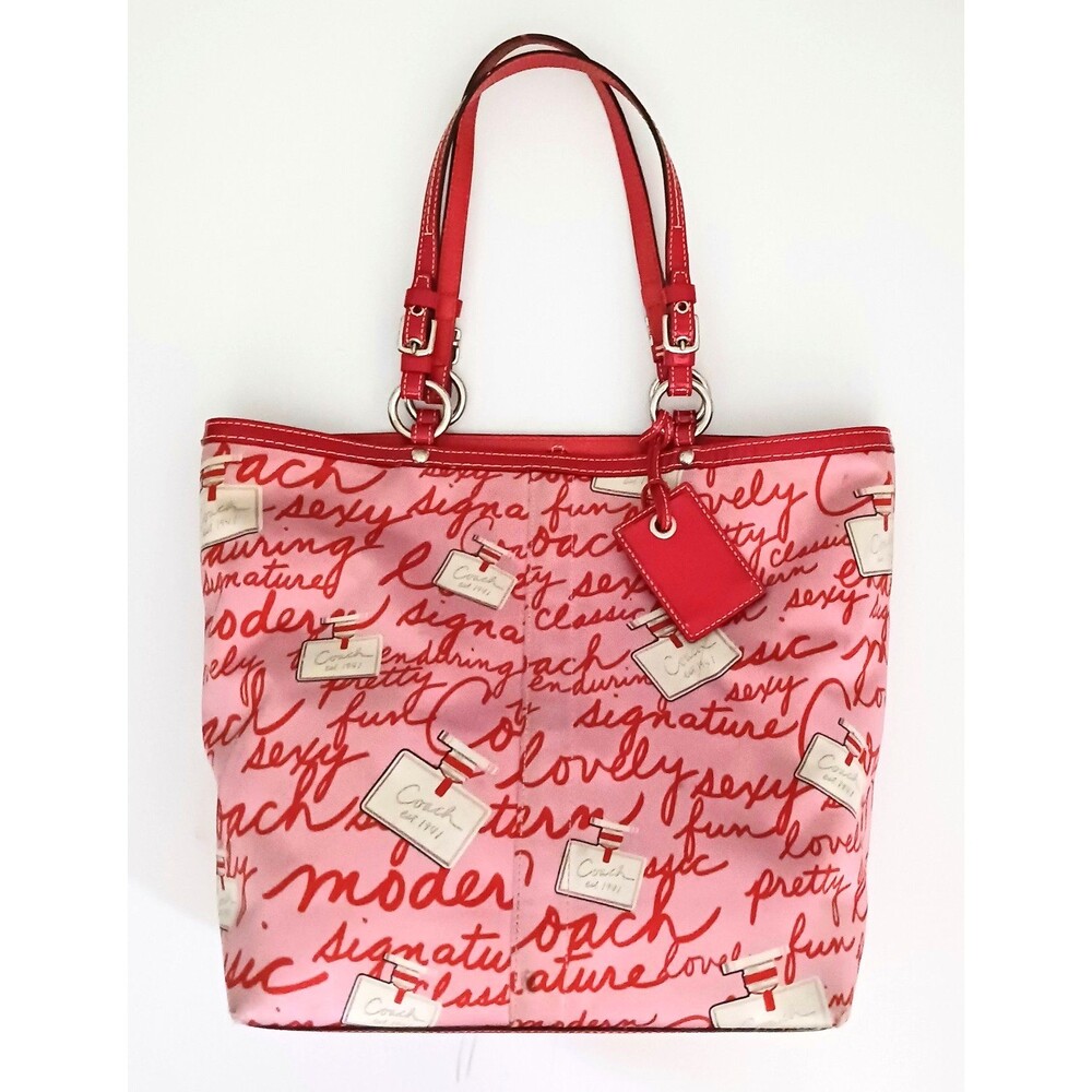 Coach Y2K  Ltd Ed Tote 10839 Perfume Logo Script Satin Print Red Patent Trim
